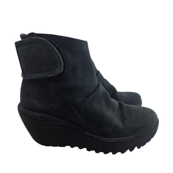Fly London Yegi Wedge Ankle Boots Womens 6.5 7 37 Black Suede Slouchy Platform - Picture 1 of 10